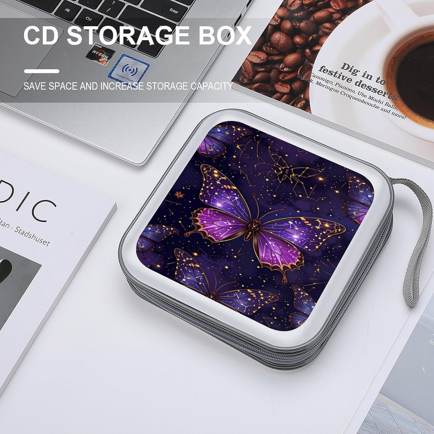 Butterfly Purple CD DVD Case Holder, 40 Disc Storage Wallet with Exclusive Printed Design, Zipper Closure And Handle for Music Movies Games Travel Car