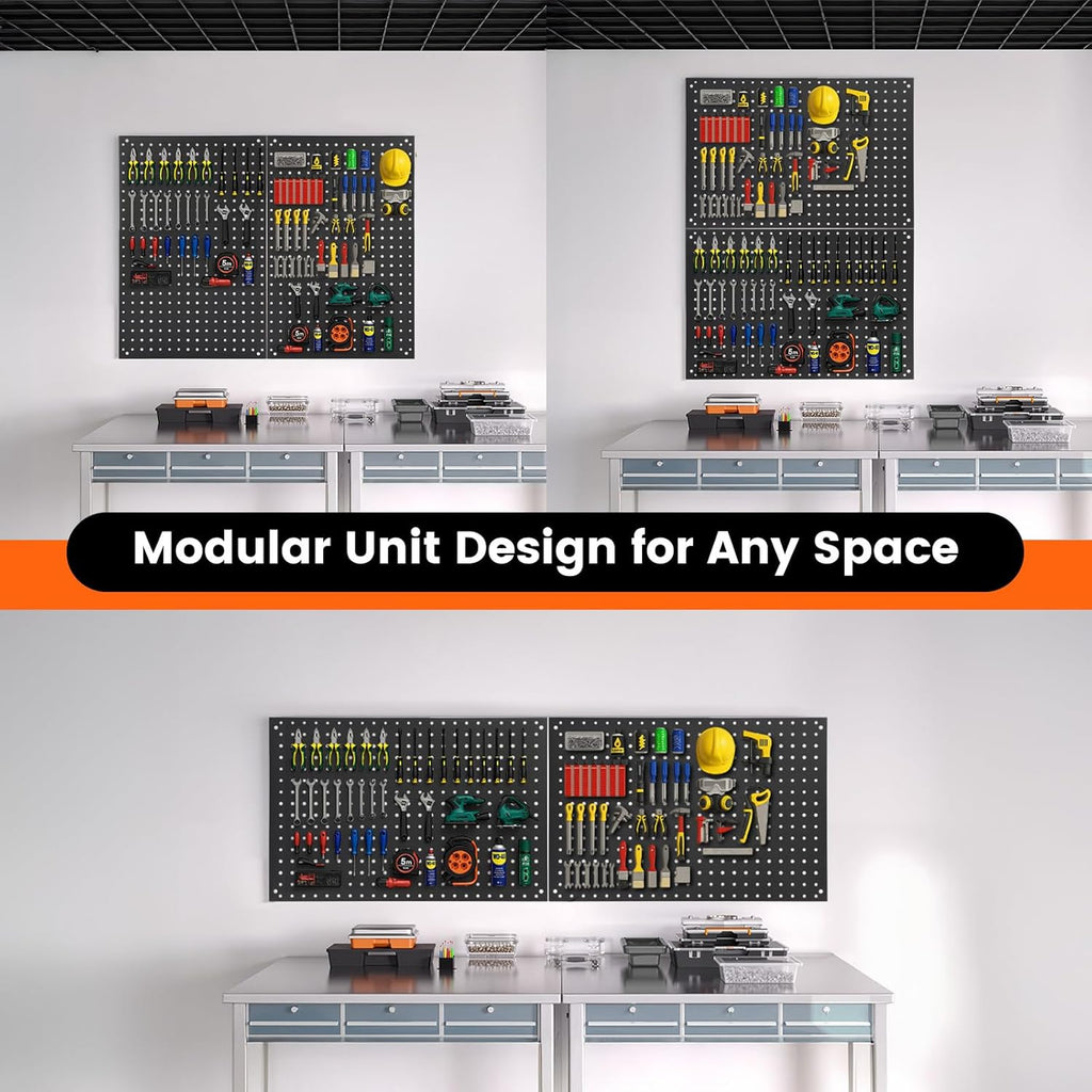 Pegboard, 2 PCS 24"×16" Metal Peg Board Panels Black Modular Wall Organizer Kit with 30 Hooks, Dual-Size Hole Design for Home Tool Storage, Garage Organization, Kitchen, Office, Craft Room