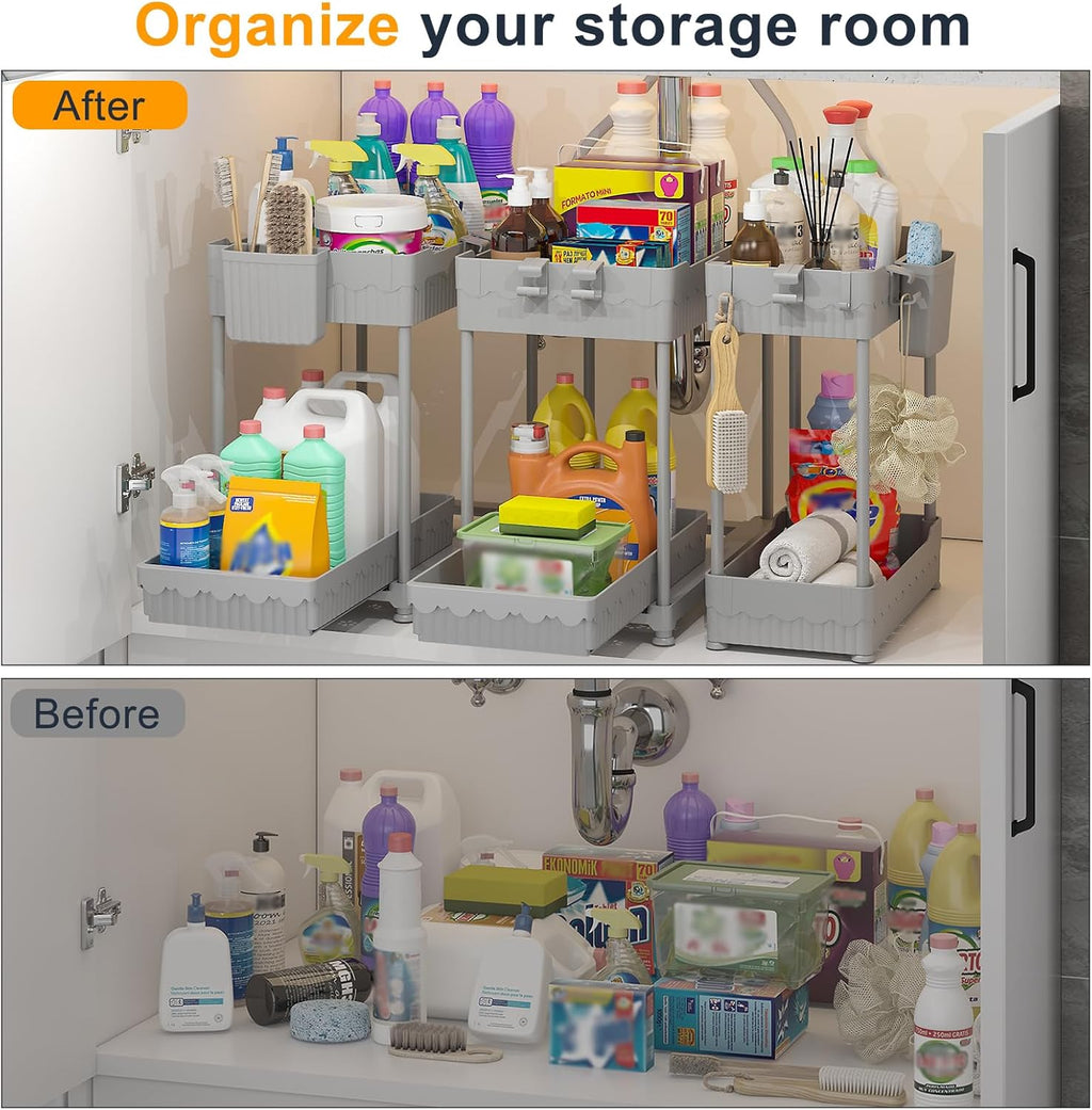 3 Pack Under Sink Organizers, 2-Tier Multi-Use Kitchen and Bathroom Organizers and Storage with Sliding Drawers，Bathroom Cabinet Organizer (Gray, 14.8 Inch)