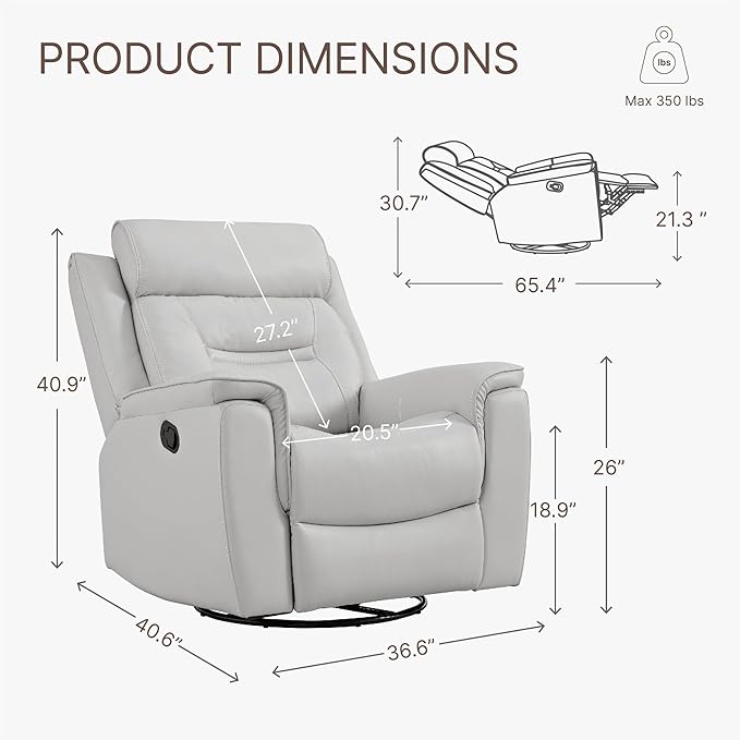 Leather Recliner Chair Faux Swivel Rocker for Adults Manual Sofa for Living Room Bedroom Home Theater Seating,Light Grey