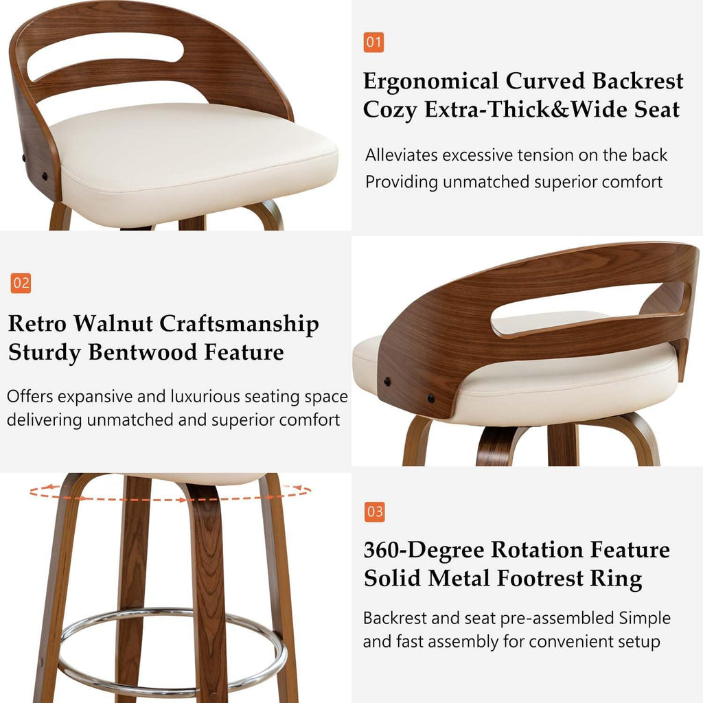 Counter Height Bar Stools, Mid Century Counter Stools with Walnut Finish | Natural Bentwood Frame, Easy-Grip Handle,Low Back, Upholstered Faux Leather, Kitchen Counter Stools for Kitchen, Pub, Cafe