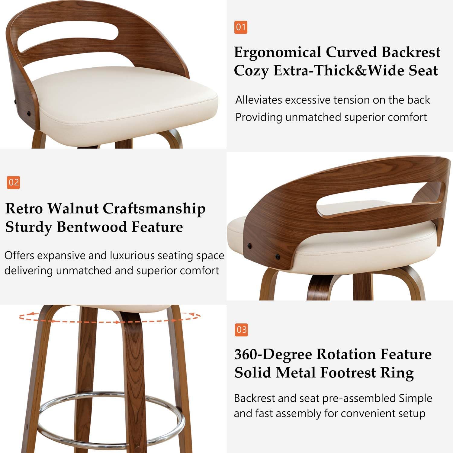 Counter Height Bar Stools, Mid Century Counter Stools with Walnut Finish | Natural Bentwood Frame, Easy-Grip Handle,Low Back, Upholstered Faux Leather, Kitchen Counter Stools for Kitchen, Pub, Cafe