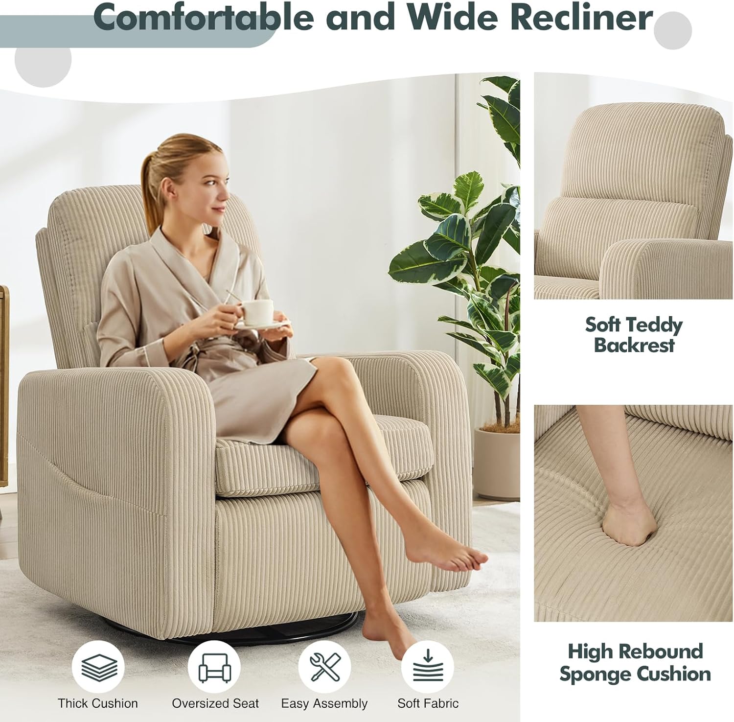 Swivel Rocker Recliner, Oversized Manual Nursery Glider Rocking Recliner Chair with Removable Cushion, Upholstered Corduroy Swivel Reclining Chair for Nursery Living Room Bedroom, Camel
