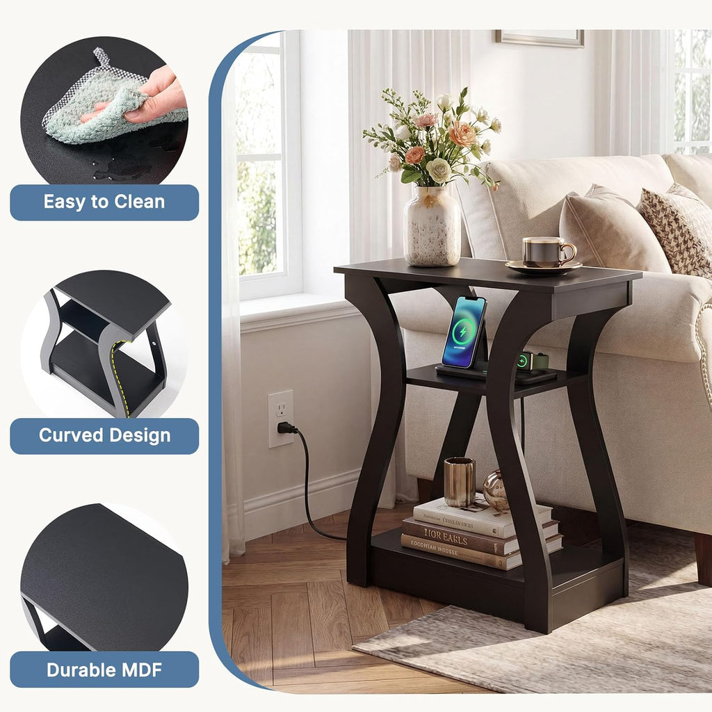 OLIXIS 3 Tier End Table with Charging Station, Modern Curved Nightstand Side Table with USB, Type-C Port & AC Outlets, Storage Shelf Cabinet for Living Room Bedroom Home Decor, Black
