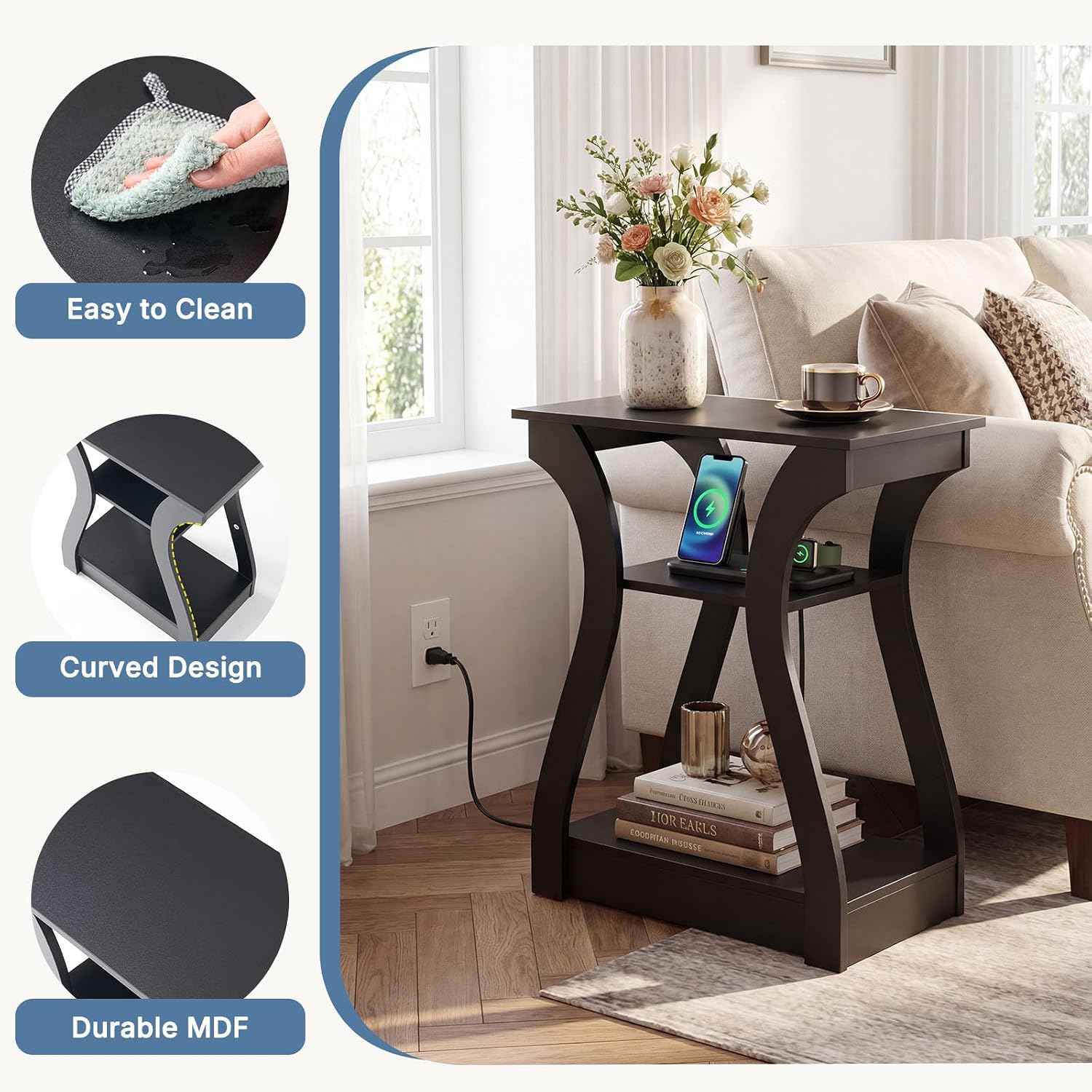 OLIXIS 3 Tier End Table with Charging Station, Modern Curved Nightstand Side Table with USB, Type-C Port & AC Outlets, Storage Shelf Cabinet for Living Room Bedroom Home Decor, Black