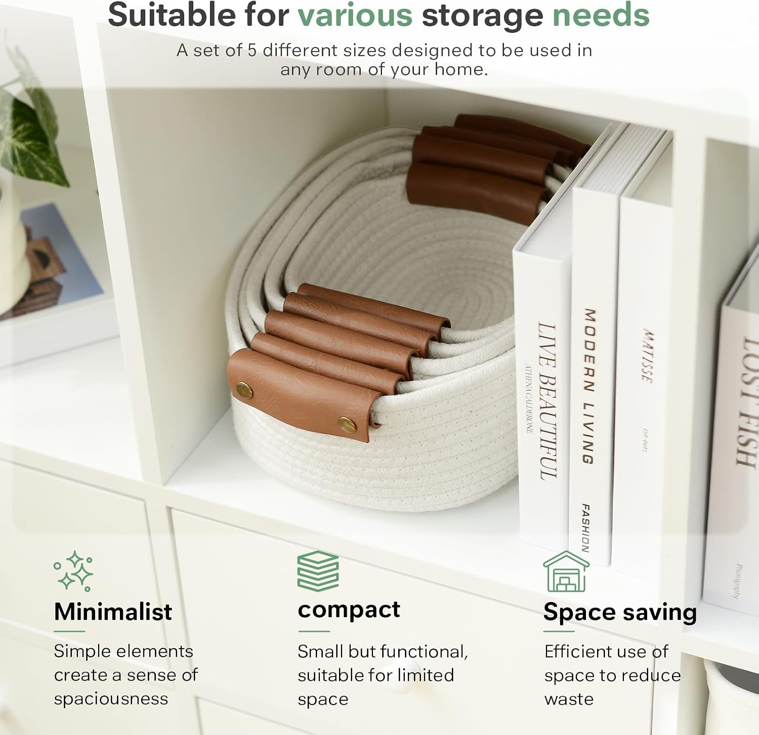 ECDYQXVU Small Woven Storage Baskets Cute Cotton Rope Basket Set 5 Pack | 5 Sizes Set, Leather Handles, Keeps Shape, Easy to Clean, Living Room, Bathroom, Drawer Organizer, Socks, Cosmetics, Decor