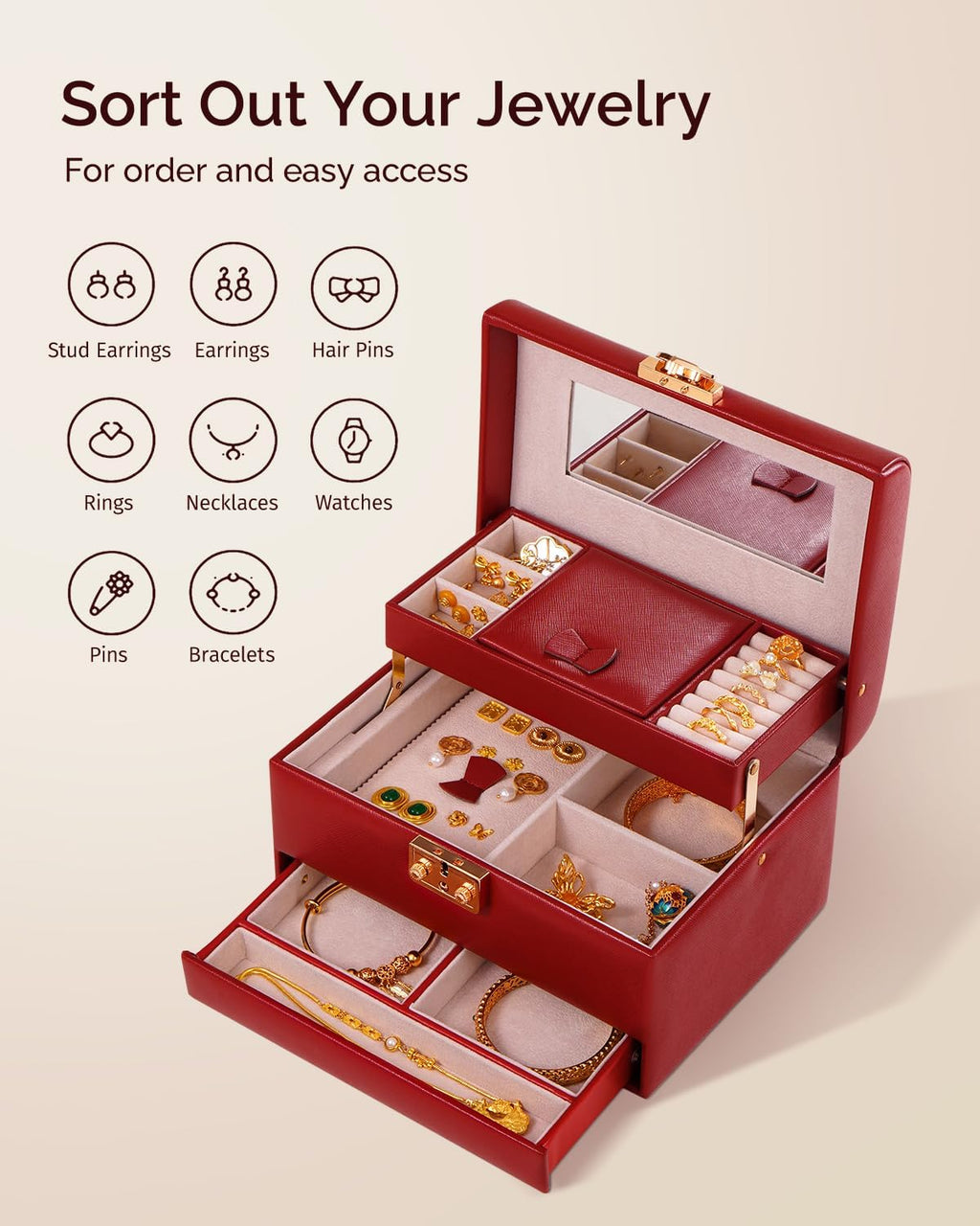 CASEGRACE Jewelry Box,3 Layers Leather Jewelry Storage Box with Lock, Mirror,Jewelry Storage Case for Necklaces Earrings Bracelets and Rings