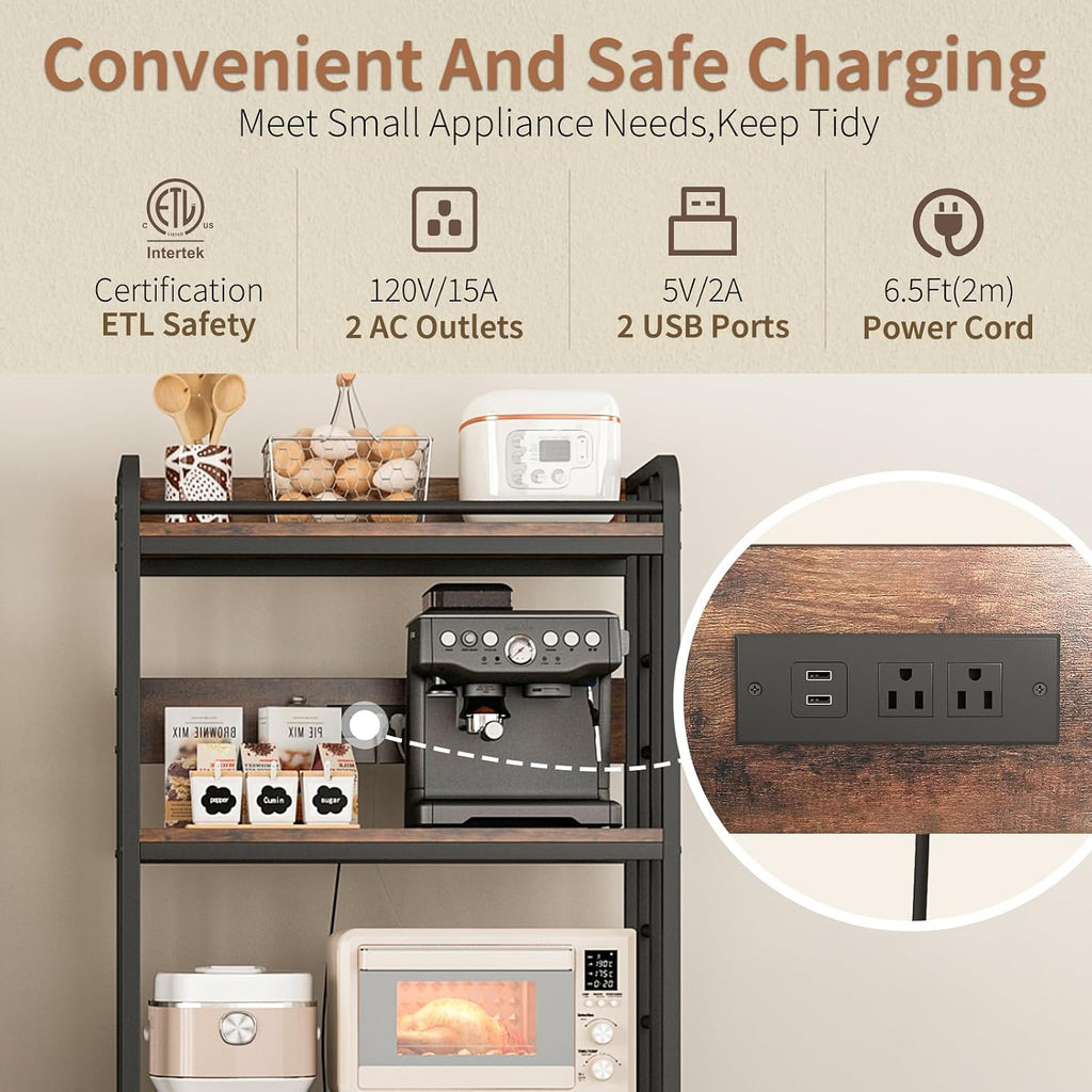 METYERRY Adjustable 4-Tier Heavy Duty Kitchen Baker's Rack with Power Outlet, with Industrial Wheels, Free Standing Microwave Oven Cart Stand for Storage in Living Room, Garage, Rustic Brown