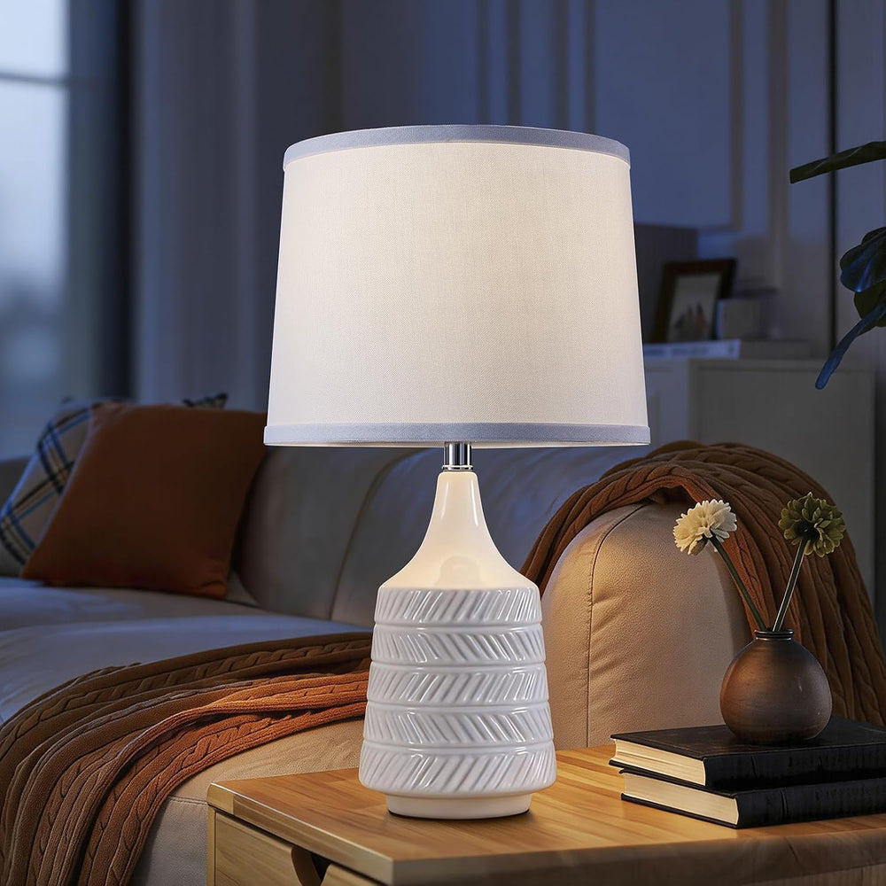 White Ceramic Table Lamps Set of 2, 18.5" Modern Bedside Lamps for Night...