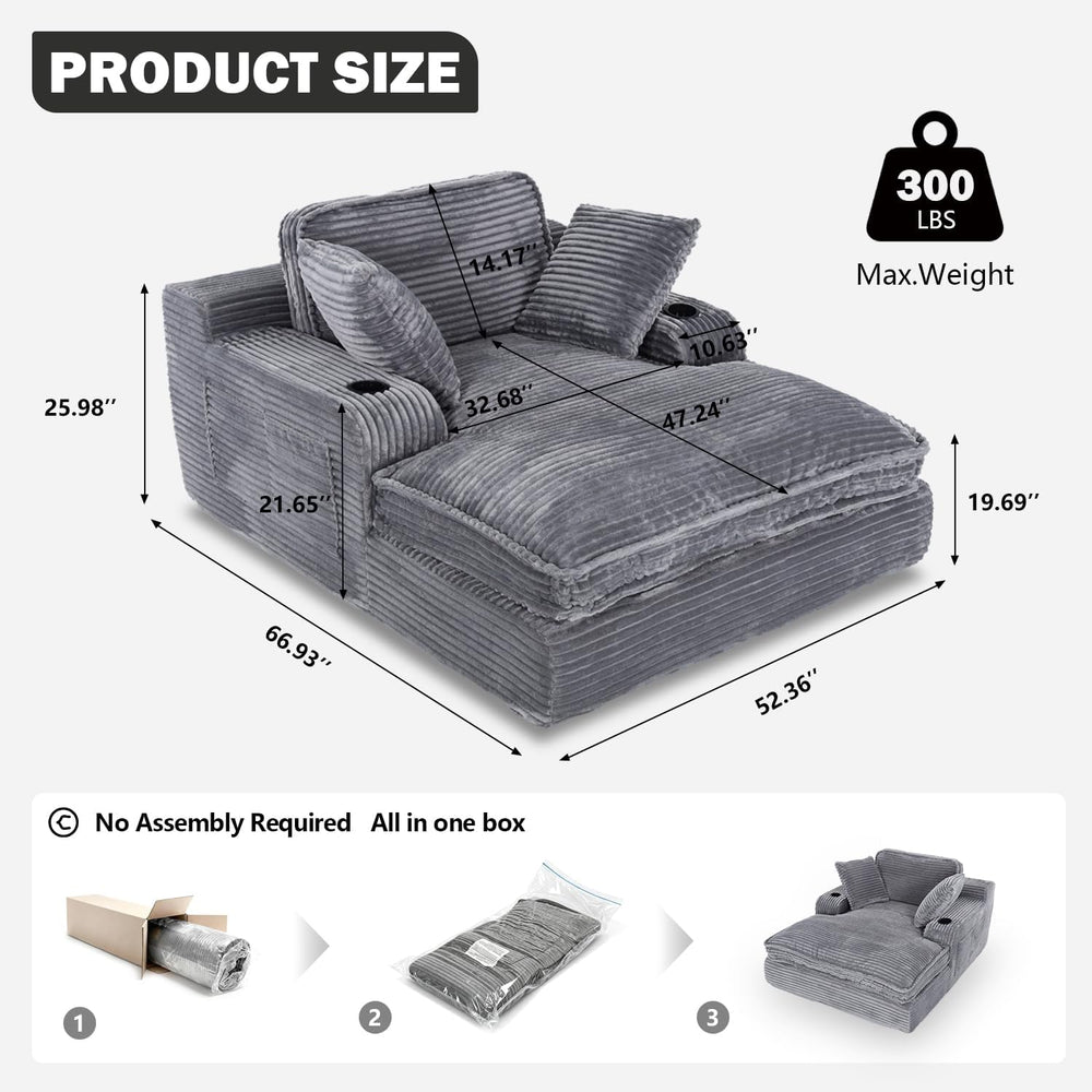 67" Oversized Chaise Lounge Chair Indoor, Soft Cloud Couch, Gray | Comfy...