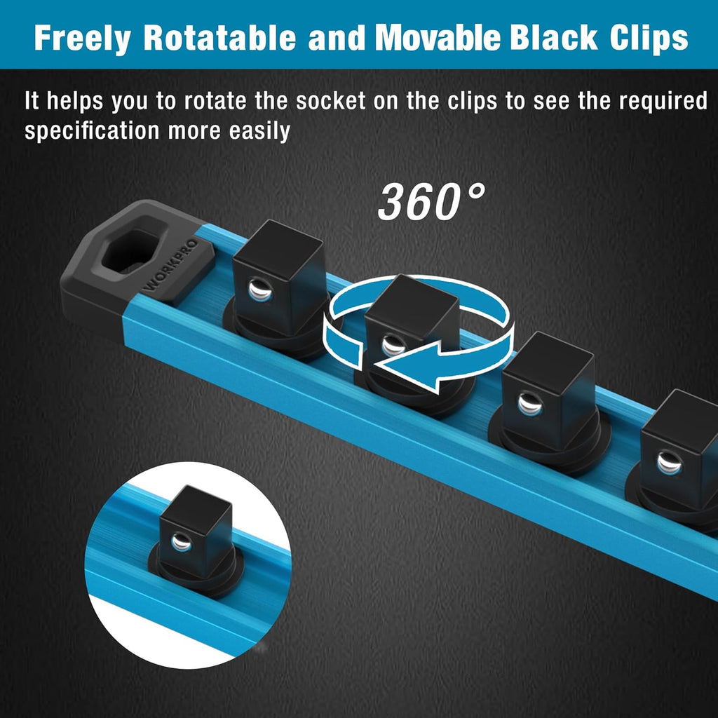 WORKPRO Magnetic Socket Organizer, 3/8-Inch Drive Aluminum Alloy Socket Rail, Heavy Duty Socket Holder, Socket Rack Kit 3/8-Inch x 10 Clips Sky Blue (Socket not Included)