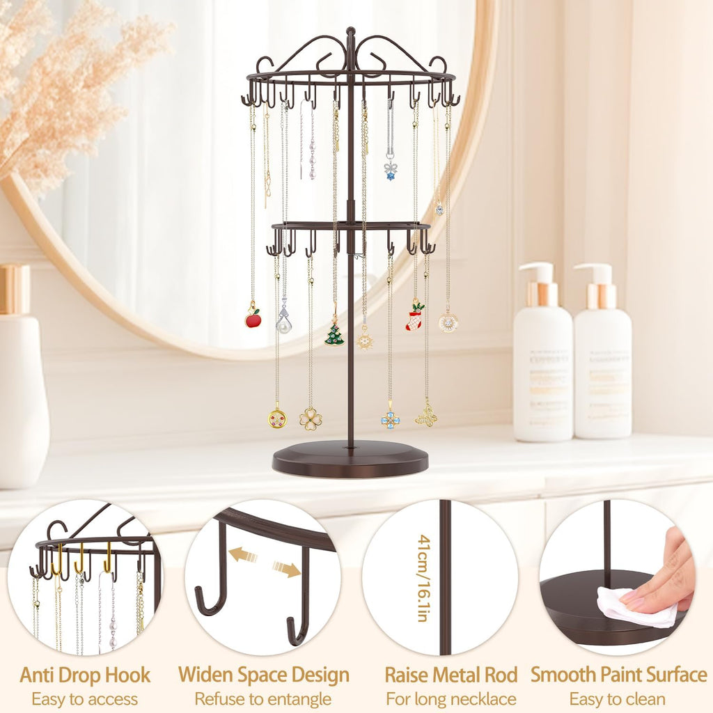 MODOWEY Rotating Necklace Holder Organizer Display Stand with 42 Hooks, 2 Tier Adjustable Metal Tree for Long Necklace Hanger Selling, Tall Spinning Bracelet Storage Rack for Men Women, Espresso Brown