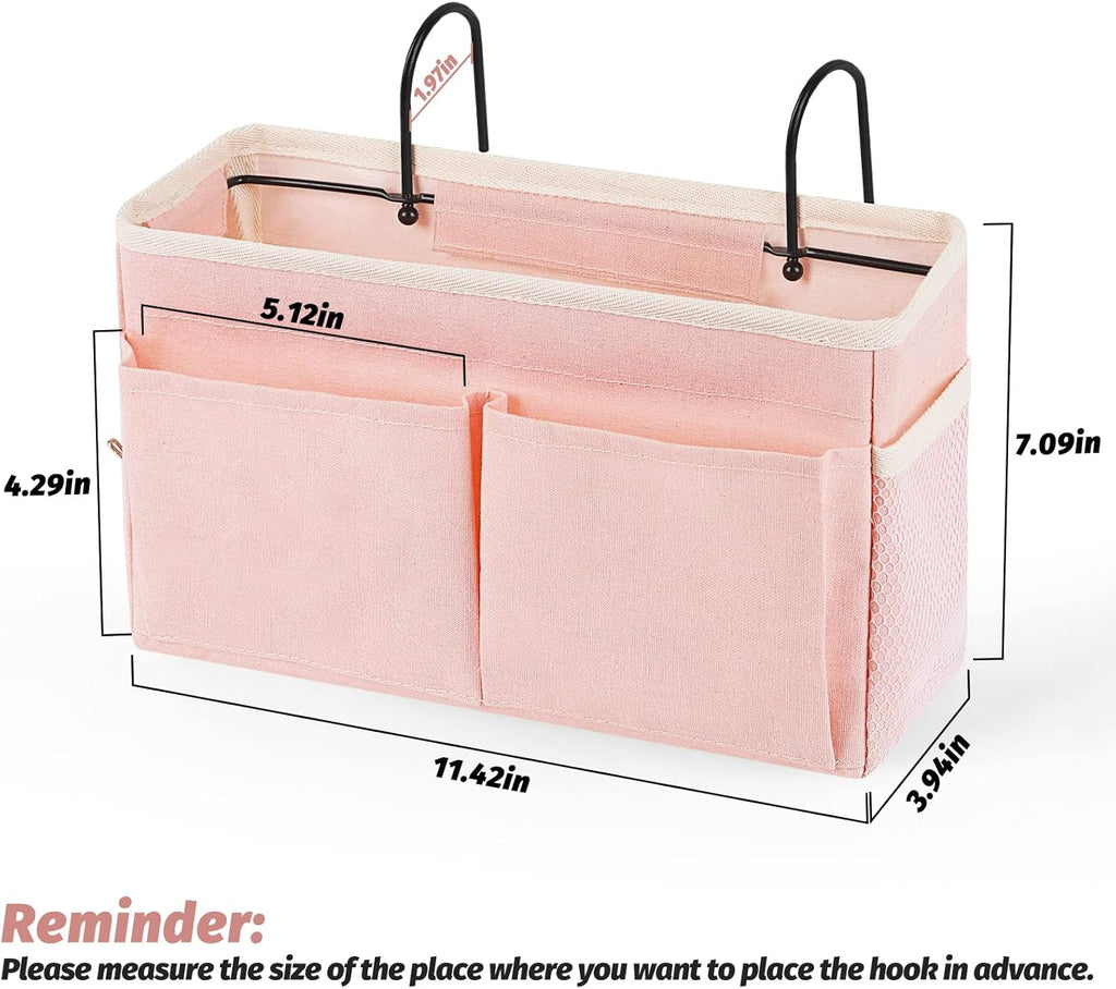 Bedside Caddy Bedside Storage Organizer Hanging Bunk Bed Dorm Room with Side Pockets for Water Bottles, Books, Cell Phones, Headphones (Pink)