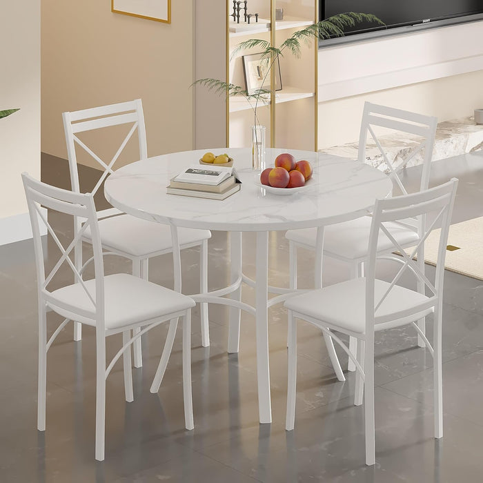 VECELO 36" Round Dining Table for 4, Faux Marble Dinette with Metal Frame for Kitchen, Apartment, Home, Space-Saving, White