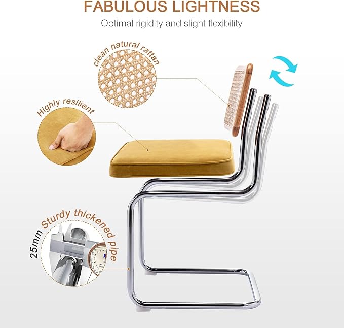 Zesthouse Mid Century Modern Dining Chairs Set of 2, Velvet Accent Chairs with Natural Cane Back & Stainless Chrome Base, Famous Breuer Designed Chairs, Upholstered Rattan Kitchen Chairs
