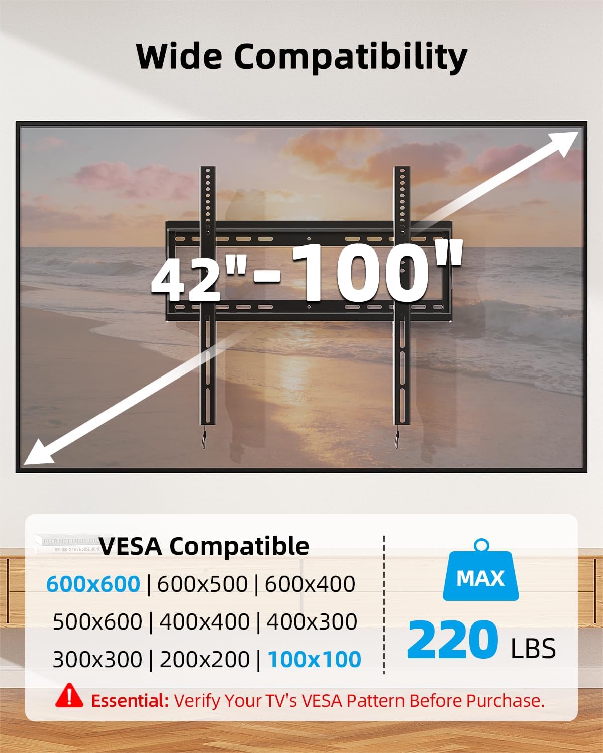 HOME VISION Heavy Duty TV Wall Mount for 42–100" TVs, Fits TCL & Samsung 98" TVs, 2mm One-Piece Solid Steel, Holds 220 lbs, Max VESA 600×600mm, Fits 16/18/24" Studs, Ultra Slim Fixed TV Mount, HV8602