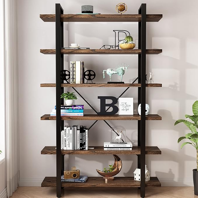 Solid Wood Bookcase and Book Shelves Wood and Metal Shelving Unit 6 Tier Book...