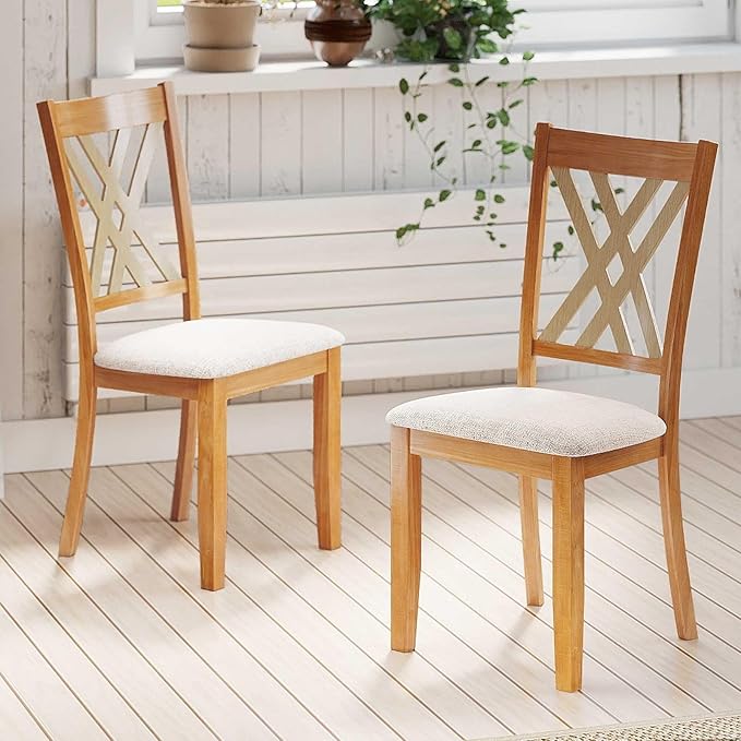 Giantex Wooden Dining Chairs Set of 4, Linen Fabric Upholstered Kitchen Chair w/Rubber Wood Frame, Wide Padded Seat, Curved Cross Back, Farmhouse Side Chairs for Dining Living Room Restaurant
