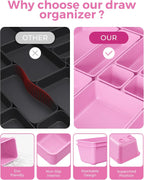 BiuLeon 25 PCS Plastic Drawer Organizers Set, 4-Sizes Vanity and Makeup Organizer, Desk and bathroom Drawer Organizer Trays, Organizers and Storage for Makeup, Jewelry, Gadgets, Utensils(Light Purple)