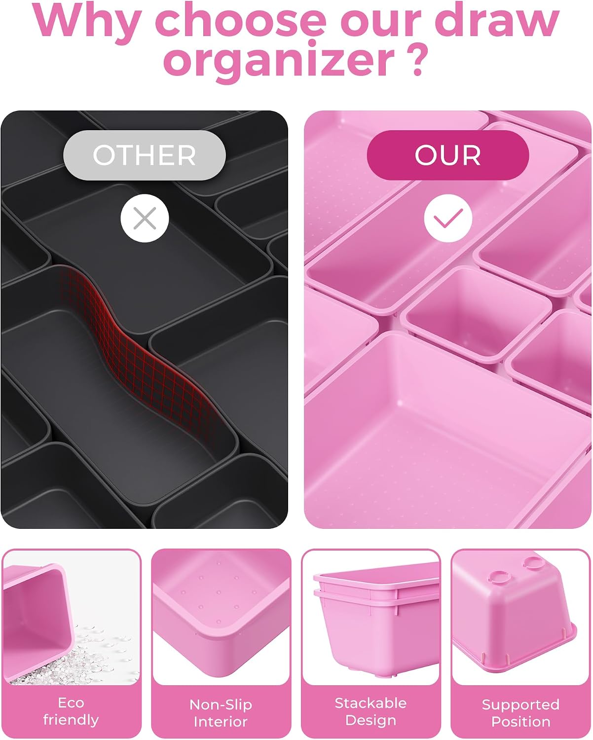 BiuLeon 25 PCS Plastic Drawer Organizers Set, 4-Sizes Vanity and Makeup Organizer, Desk and bathroom Drawer Organizer Trays, Organizers and Storage for Makeup, Jewelry, Gadgets, Utensils(Light Purple)