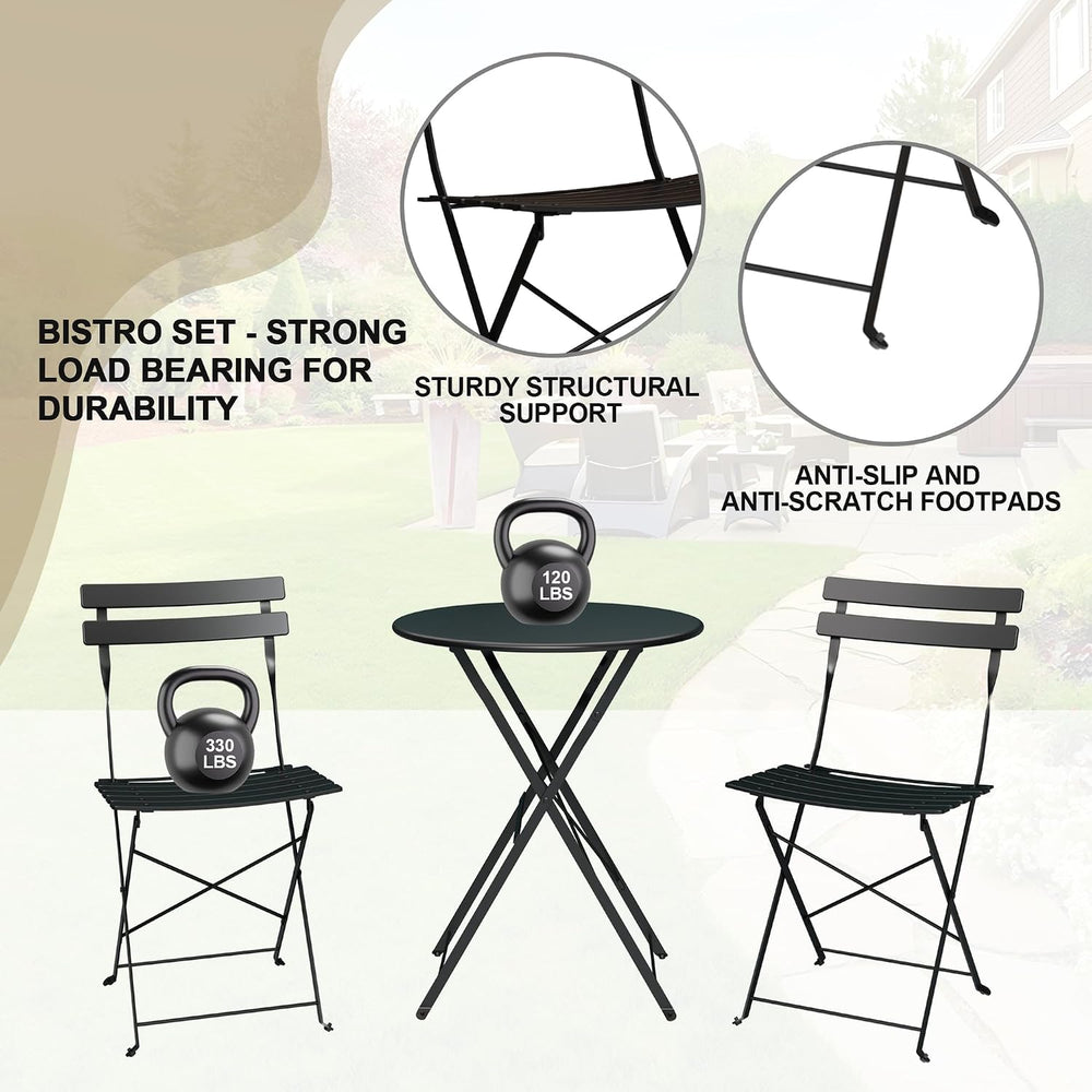 GarveeHome 3 Piece Foldable Patio Bistro Set, Compact Round Table with 2 Fold...