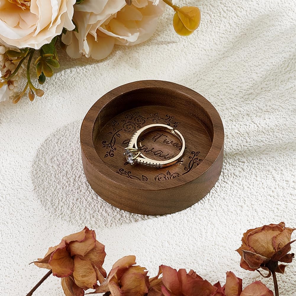 PH PandaHall Walnut Ring Holder Dish Wooden Rings Trinket Dish Small Wood Tray for Jewelry Display Wedding Ring Holder for Nightstand Anniversary Birthday Gift for Men 2.32 Inch, Round