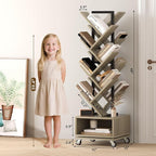 Double Sided Rotating Tree Bookshelf - 7-Tier Retro Floor Standing Bookcase, Wood Storage for Books, CDs, Movies, Perfect for Small Spaces in Bedroom, Living Room, Home Office, Grey