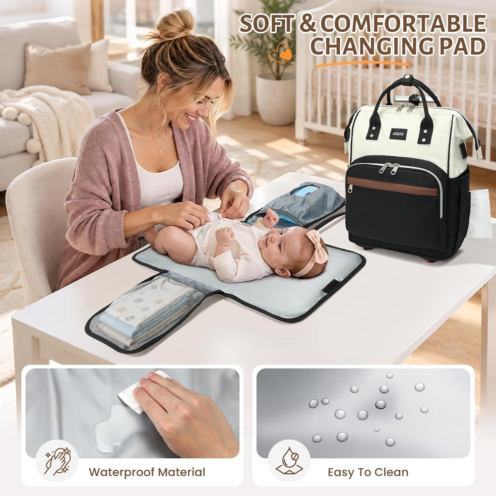 Rolling Diaper Bag Backpack,Diaper Backpack For Mom Dads With Changing Pad