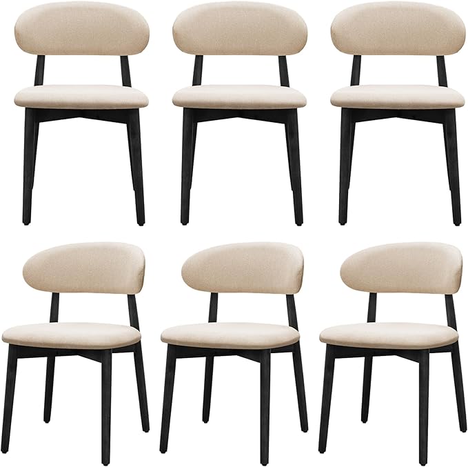 Farmhouse Dining Chairs Set of 6, Mid Century Modern Wooden Dining Room Chairs, Farmhouse Fabric Upholstered Kitchen Dinner Chairs for Living Room Restaurant Cafe, Black/Beige