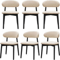 Farmhouse Dining Chairs Set of 6, Mid Century Modern Wooden Dining Room Chairs, Farmhouse Fabric Upholstered Kitchen Dinner Chairs for Living Room Restaurant Cafe, Black/Beige