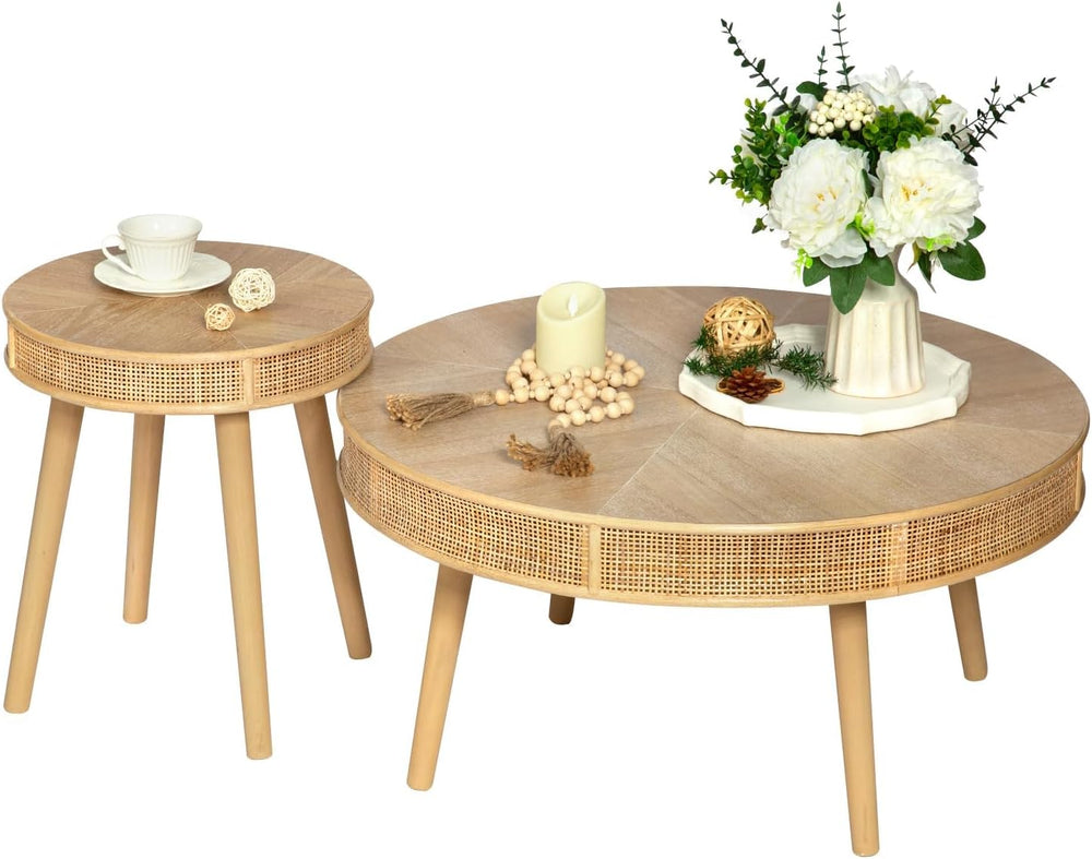 RUSTOWN 2-Piece Farmhouse Coffee Table, Modern Round Rattan Side Tables | Rus...