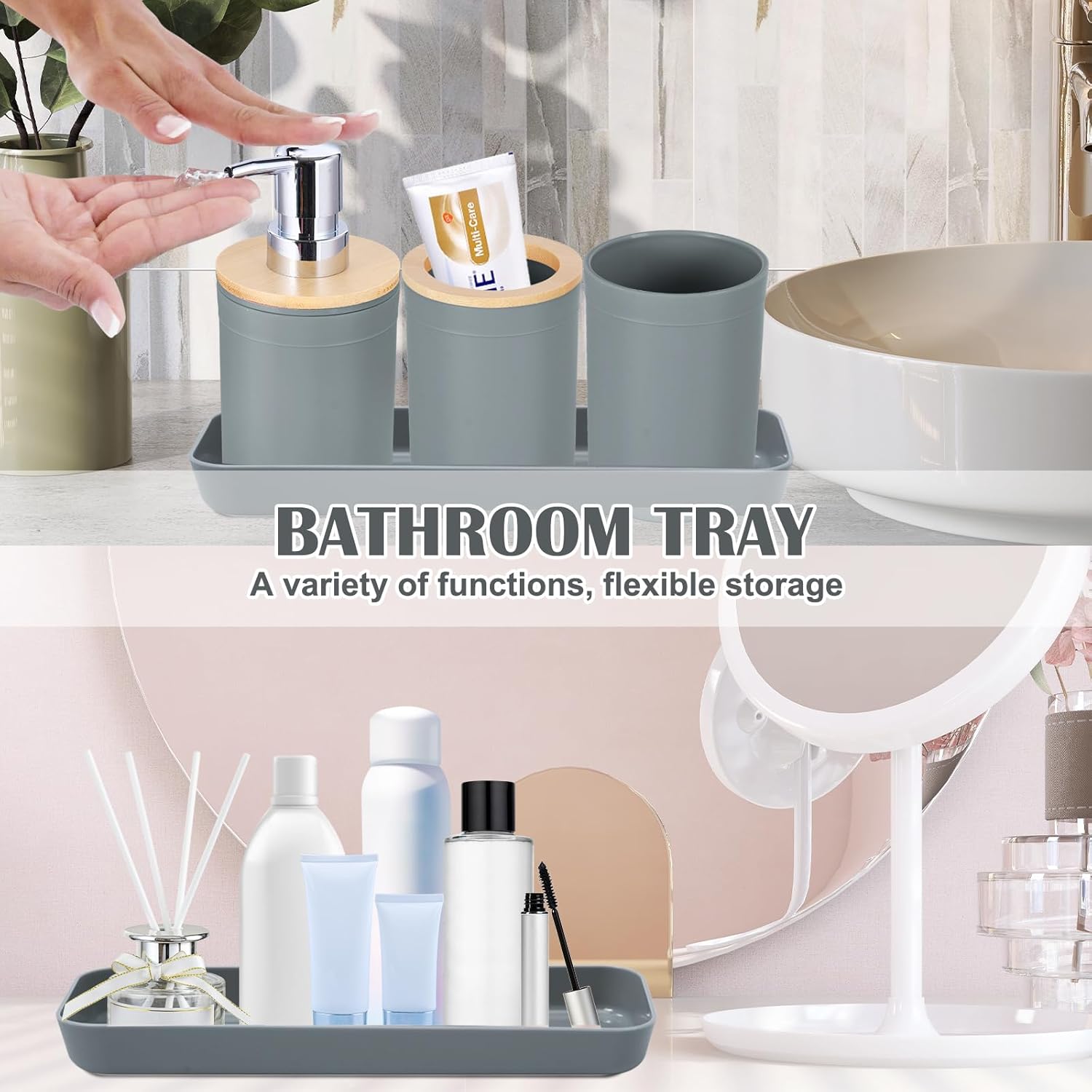 iMucci 9Pcs Grey Bathroom Accessories Set with Trash Can,Toilet Brush,Toothbrush Holder, Lotion Soap Dispenser, Soap Dish,Toothbrush Cup,Vanity Tray,Qtip Holder