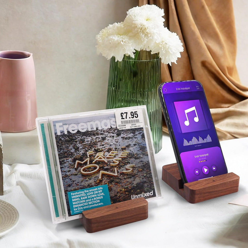 Wooden CD Display Rack, DVD Holder & Phone Stand, Solid Wood Display for CD/DVD/Phone/Picture - 2 pcs (Brown)