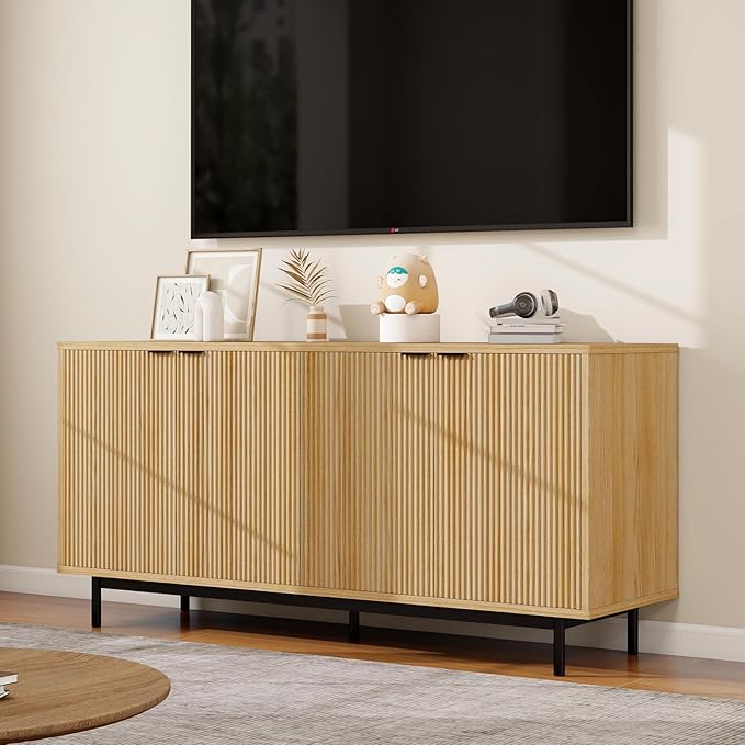 Vipbear Modern TV Stand for 65 Inch TV,Entertainment Center with Storage Cabinets and Adjustable Shelves, Media Console Table, Wood Television Furniture for Living Room, Bedroom, Natural Wood