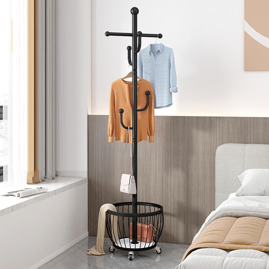 Floor Standing Coat Rack with Storage Basket and Wheels,Carbon Steel Hall Tree with 6 Hooks,Clothes Rack for Entryway,Bedroom,Black