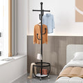 Floor Standing Coat Rack with Storage Basket and Wheels,Carbon Steel Hall Tree with 6 Hooks,Clothes Rack for Entryway,Bedroom,Black