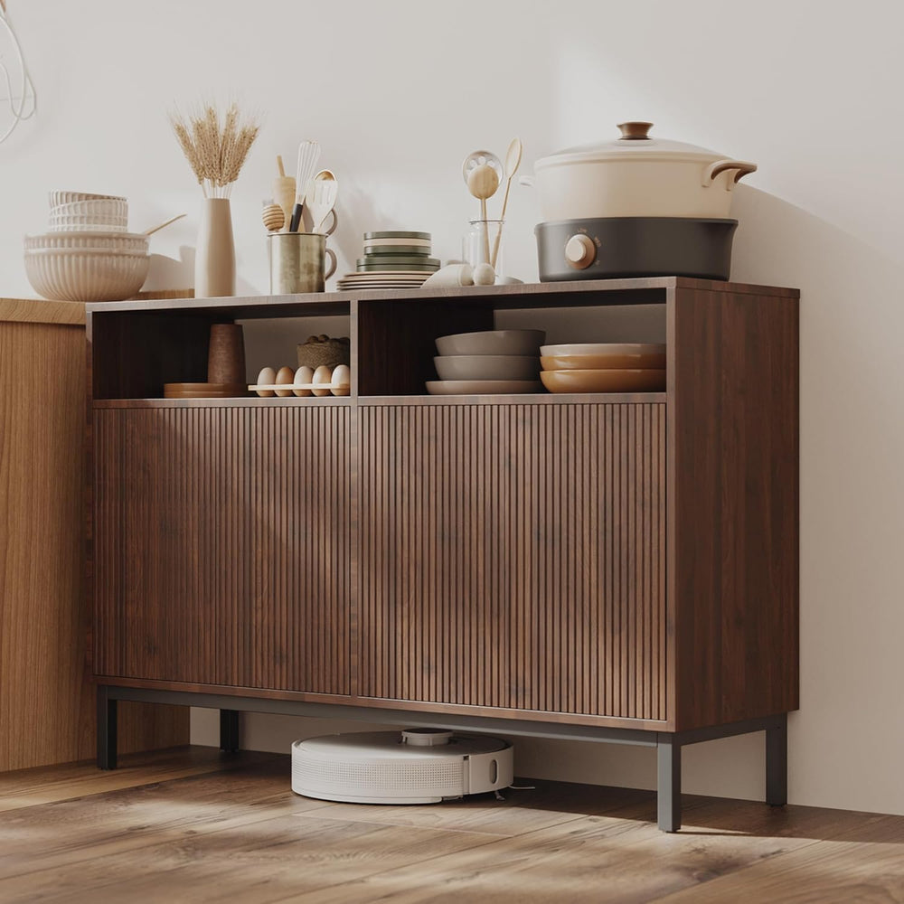 Mericonia Farmhouse Buffet Sideboard Cabinet with Storage, Fluted Coffee Bar ...