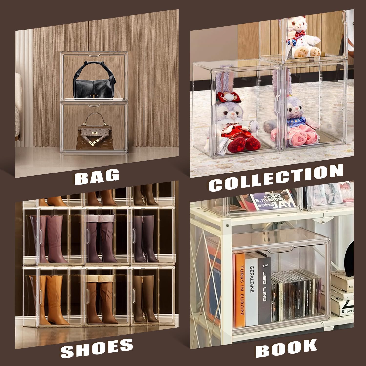 5 Pack X-Large Acrylic Shoe Box Size 14, Clear Sneaker Shoe Display Case Transparent Stackable Storage Box Purse Handbag Organizer, Figure Collectibles Showcase, Fit Underbed, Closet, Bathroom