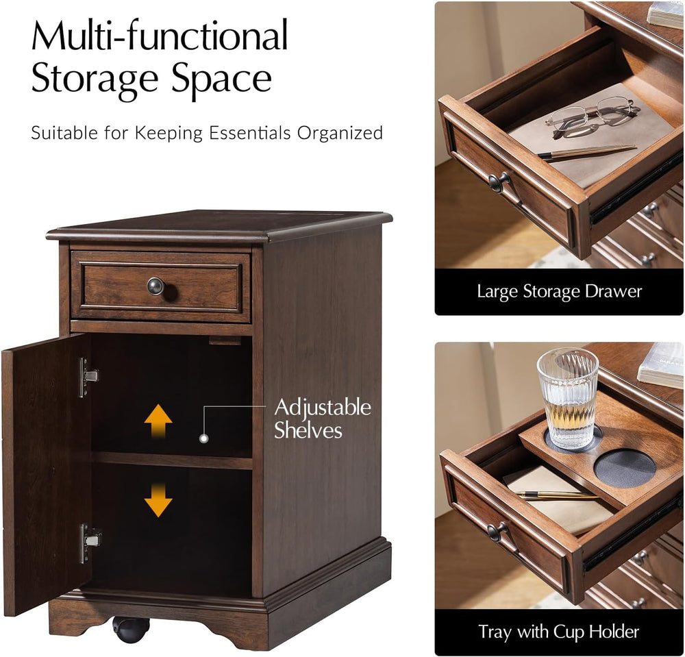 HULALA HOME Narrow End Table with Tray for Cups, Movable with Casters, Wood T...