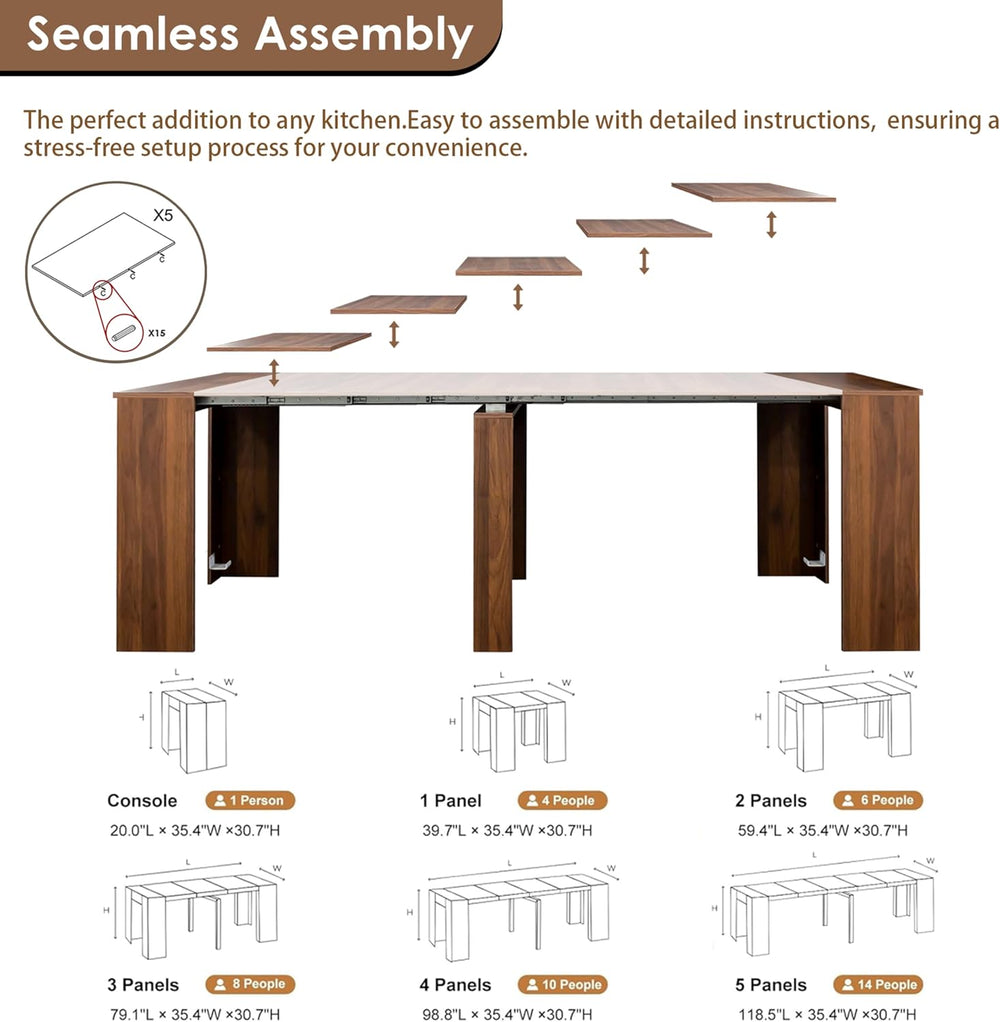 20"-118" Extendable Dining Table for 2-12 People, Modern Modular Ex...