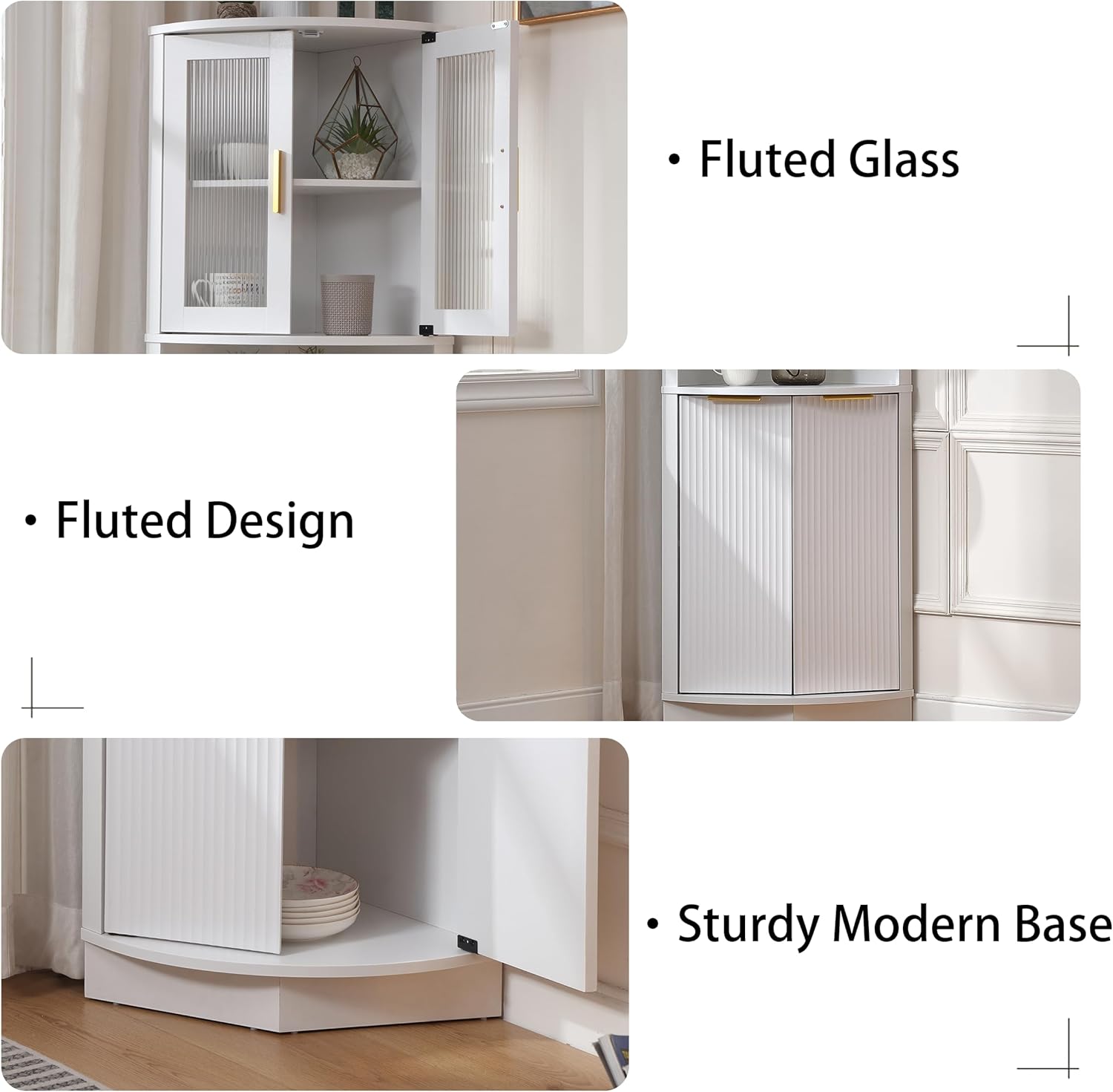 FOREST GRAVITY Modern Corner Storage Cabinet with Fluted Doors | For Kitchen; For Bathroom; Glass Doors; Fluted Design; Large Storage; Pentagon Design; White