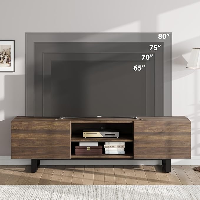 GarveeHome Industrial TV Stand for 80 in, Modern Entertainment Center with 2 Drawers, Wooden Media Cabinet with Heavy Duty Leg and Open Storage, TV Console Table for Living Room, Walnut