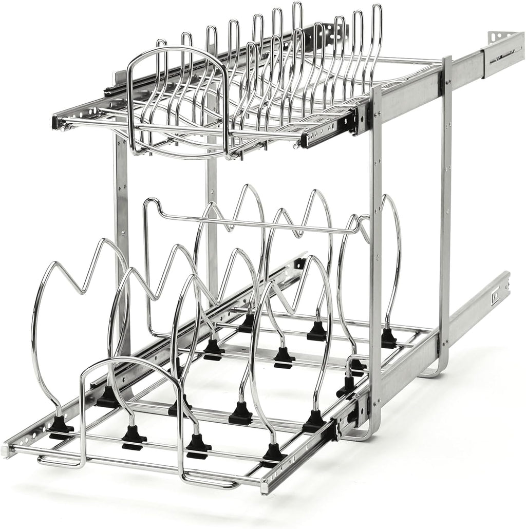Rev-A-Shelf 2-Tier Kitchen Cabinet Pullout 11.75" Cabinet Organizer for Pots, Pans, and Lid Cookware, Adjustable Heavy Duty Wire, Chrome, 5CW2-1222-CR