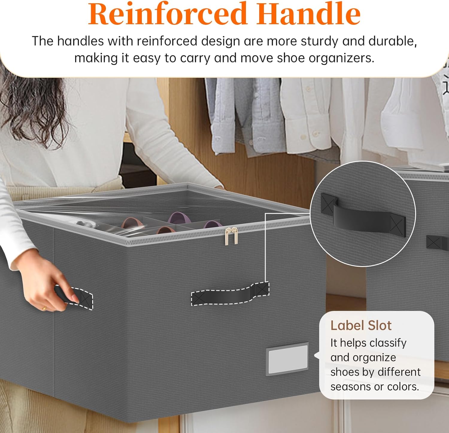 Shoe Organizer for Closet, 2 Pack Foldable Shoe Storage Containers, Fits up 16-32 Pairs, Shoe Storage Organizer Box Cubby Baskets Bins with Clear Cover and Reinforced Handles, Gray
