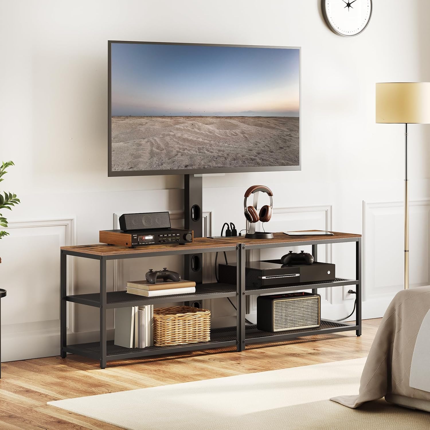MAHANCRIS 59" TV Stand with Mount and 4 Power Outlets, Entertainment Center Media Console, Swivel TV Stand Mount up to 75 inch TVs, Height Adjustable, Metal Frame for Living Room, Bedroom TVHR35E01V