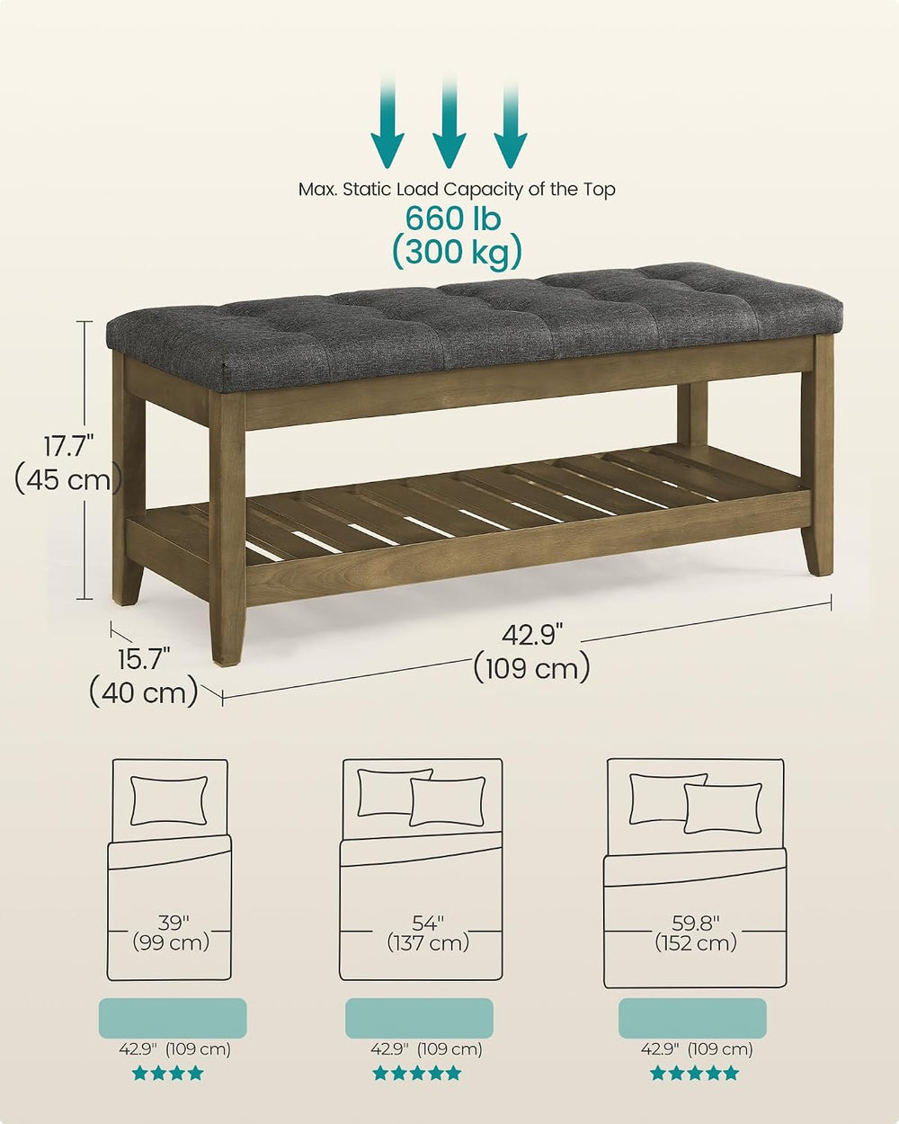 SONGMICS Storage Ottoman with Solid Wood Frame, 42.9 x 15.7 x 17.7 Inches | R...
