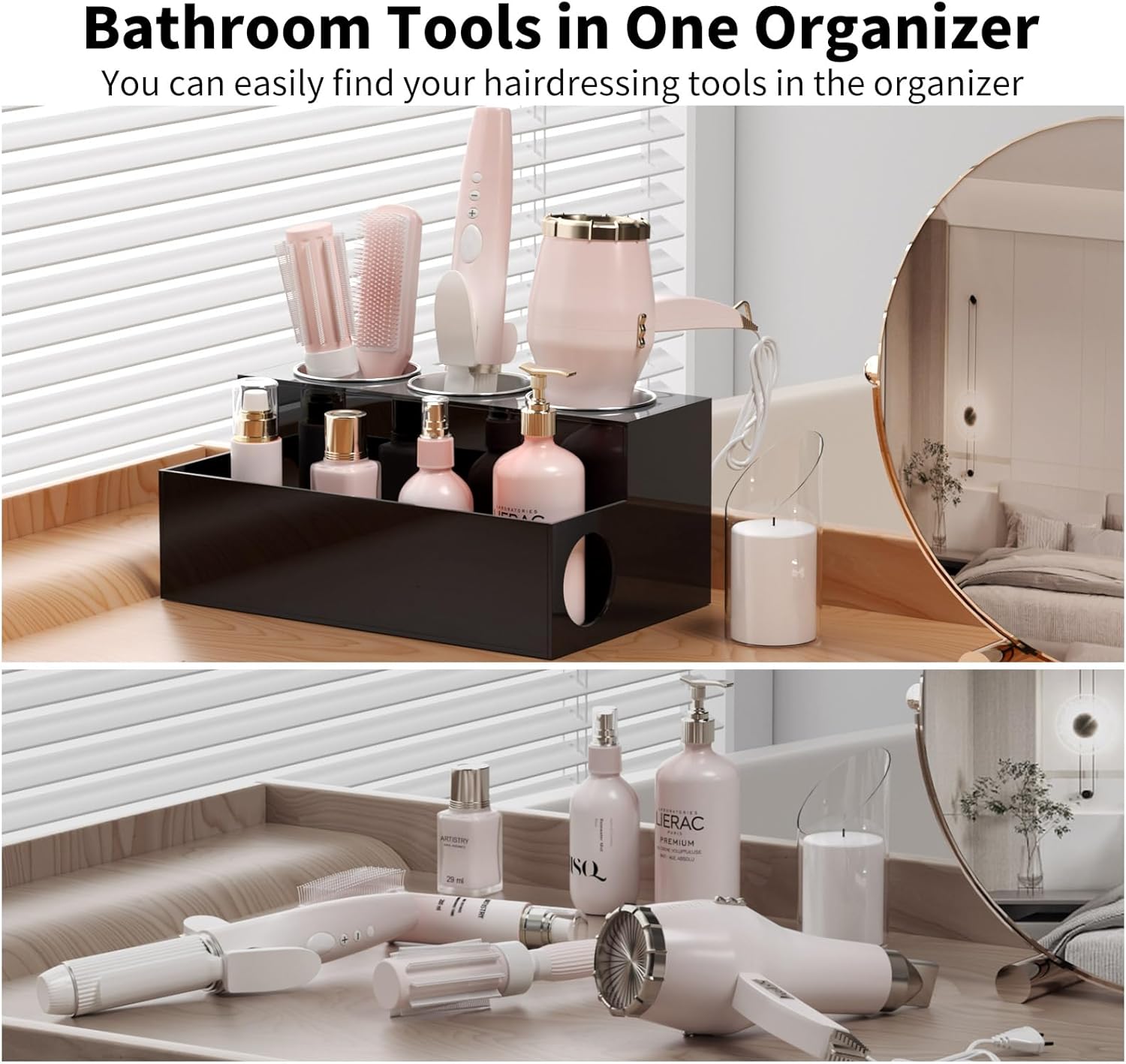 NIUBEE Hair Tool Organizer, Black Acrylic Hair Dryer and Styling Holder, Bathroom Countertop Blow Dryer Holder, Vanity Caddy Storage Stand for Accessories, Makeup, Toiletries