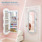 whitebeach Jewelry Armoire Organizer, LED Jewelry Cabinet Wall/Door Mounted | Lockable Wavy Mirror with Storage, Crushed Diamonds Mirror Full Length,Door or Wall Mounted Mirror with Jewelry Storage