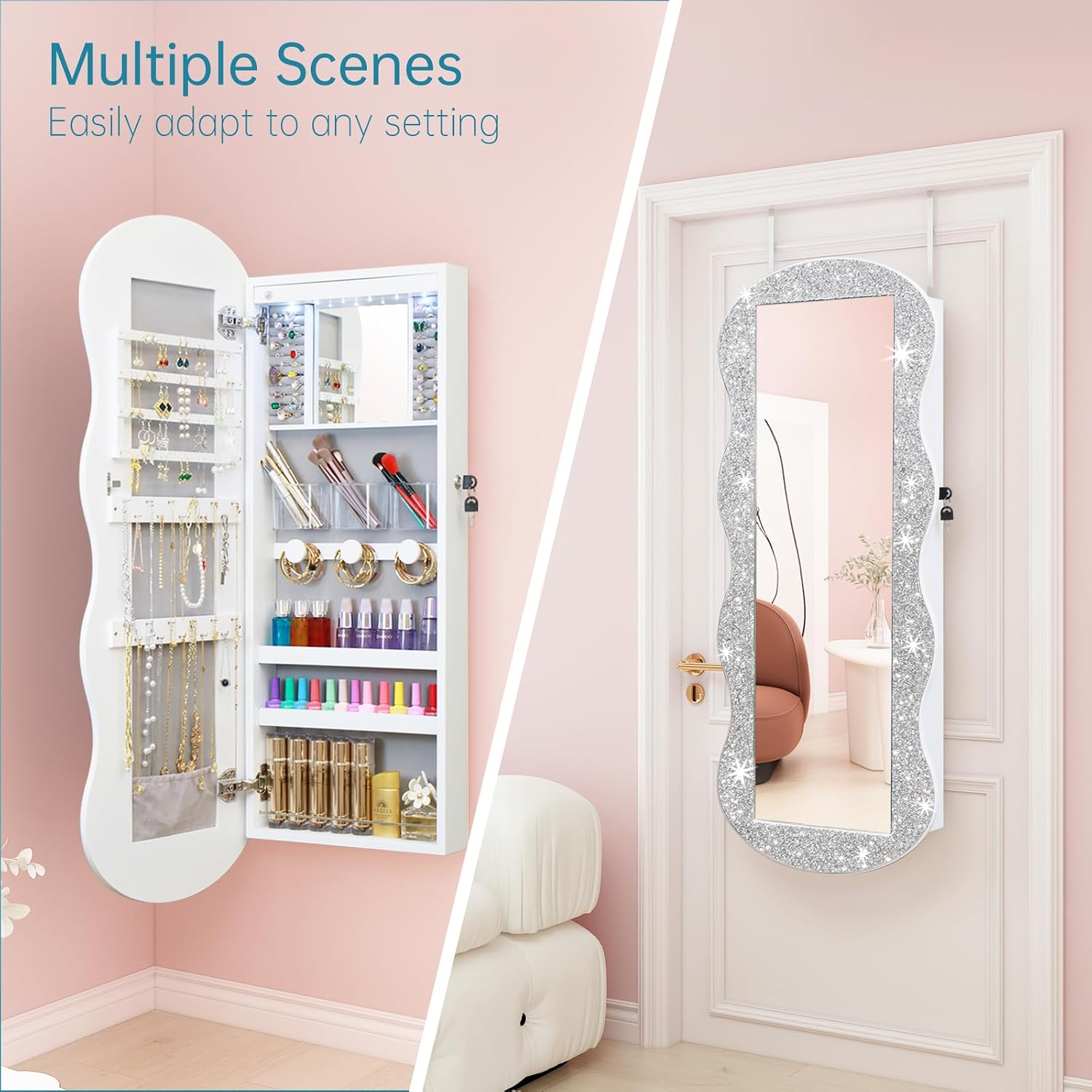 whitebeach Jewelry Armoire Organizer, LED Jewelry Cabinet Wall/Door Mounted | Lockable Wavy Mirror with Storage, Crushed Diamonds Mirror Full Length,Door or Wall Mounted Mirror with Jewelry Storage