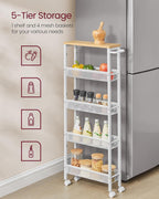 VASAGLE Slim Rolling Cart, 5-Tier Storage Cart, Narrow Cart with Handle, 5.1 Inches Deep, Metal Frame, for Kitchen, Dining Room, Living Room, Home Office, Oak Beige and Classic White ULRC034W09